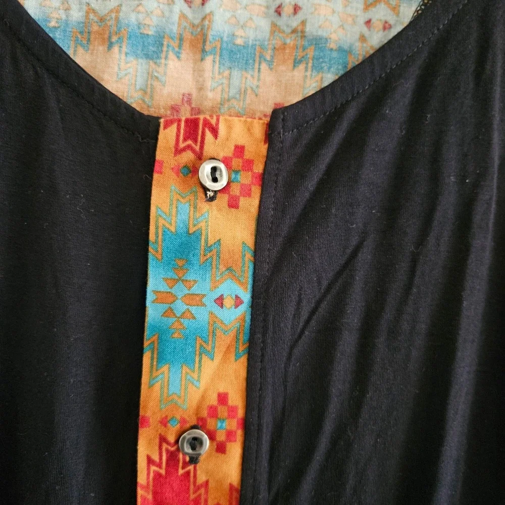 Pitagora Barcelona Black Southwestern Print Button Front Top Made in Spain Large